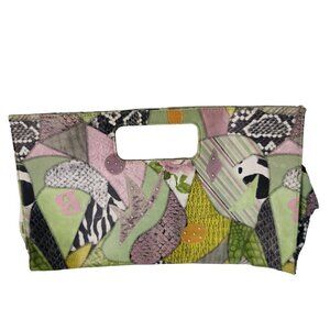 Giannini Animal Print Floral Faux Leather Green Pink Clutch